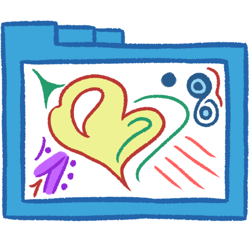  A hollow blue folder with thick lineart. It contains many abstract lines and shapes in various colours. The biggest shape is vaguely heart-like, and contains a pale green fill with a portion of it cut out. 